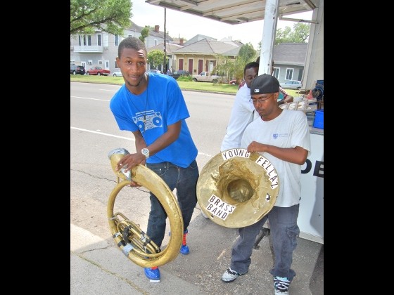 Boudel and Lancaster carry the sousaphone in two pieces!