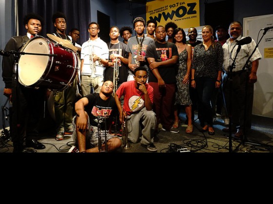 McDonogh 35 College Preparatory High School Young & Talented Brass Band performed at WWOZ for Cuttin' Class, our show featuring young talent from across the city, on May 21. [Photo by Charlie Steiner]