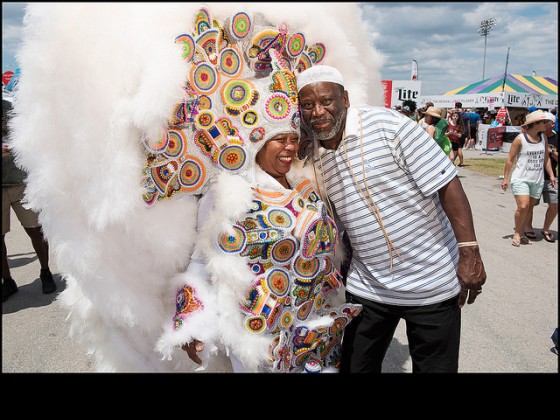 Monogram Hunters Big Queen Denice and Fi-Yi-Yi Big Chief Victor Harris at Jazz Fest 2016 day 3. [Photo by Ryan Hodgson-Rigsbee]
