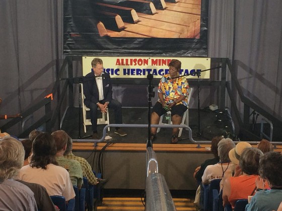 Irma Thomas being interviewed by Scott Billington on the Allison Miner Stage [Photo by Carrie Booher]