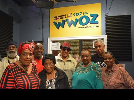 Mardi Gras Indian Hall of Fame All Stars (L-R): Pharaoh Andrew, Maroon Queen Reesie, Spy Boy Ace, Queen Mercedes Stevenson, Big Chief Brian Harrison-Nelson, Tribal Queen Littdell Banister, Luther Gray, 2nd Queen Mary Kay Stevenson. Photo by Kichea S. Burt