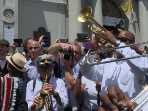 Scene outside the St. Louis Cathedral following Pete Fountain's funeral on August 17, 2016