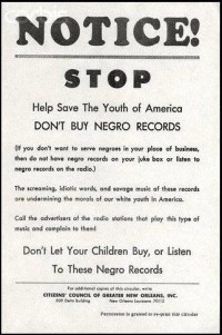 Poster asking people to not buy or listen to negro records from New Orleans post-Klan group - White Citizens Counsel