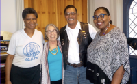Dianne Green-Rainey (Tim's sister), Phyllis Jordan, Mark Green (Tim's brother), and WWOZ's Maryse Dejean at WRBH [Photo courtesy Don Paul]